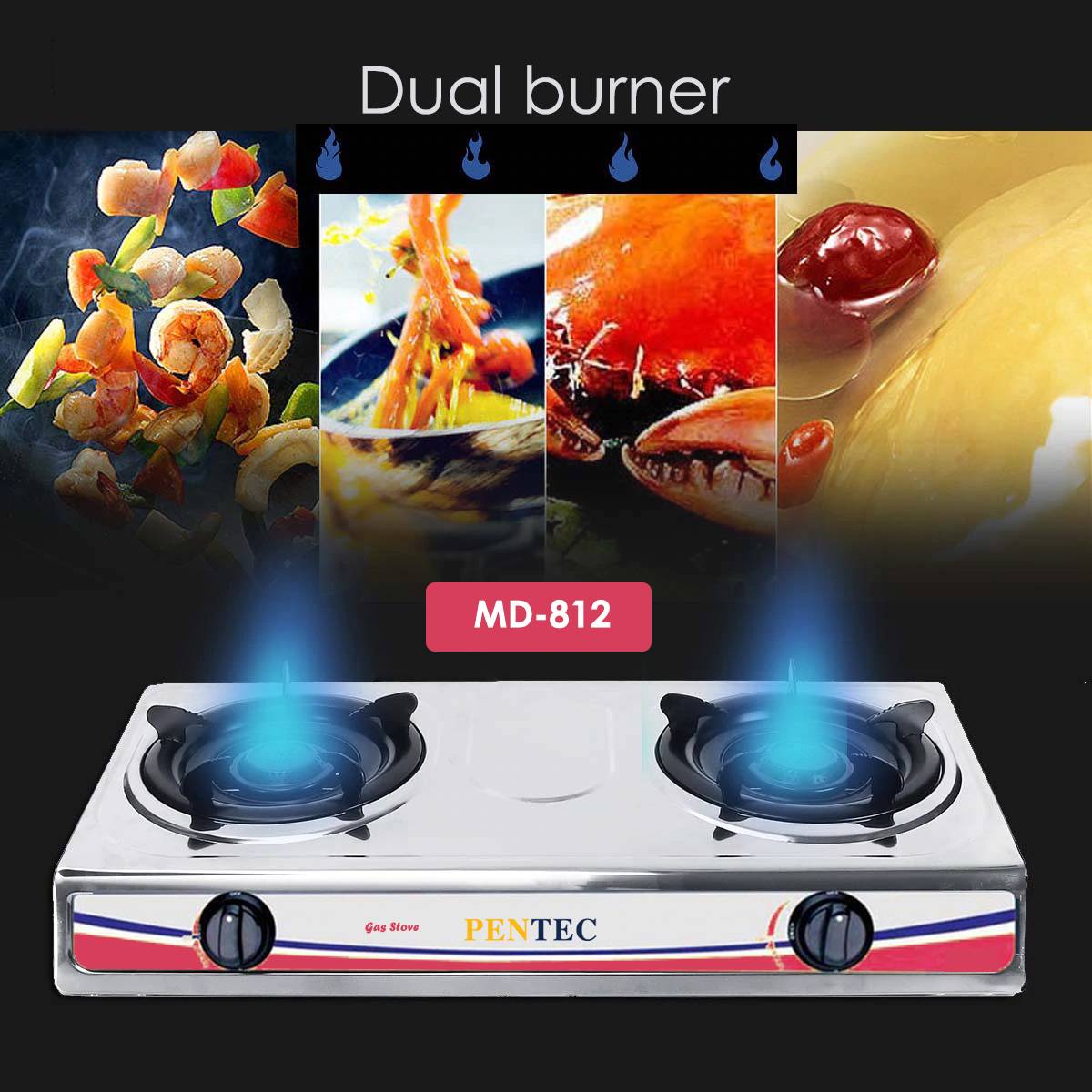 PENTEC Double Burner Stainless Steel Gas Stove MD812 Easy Cleaning